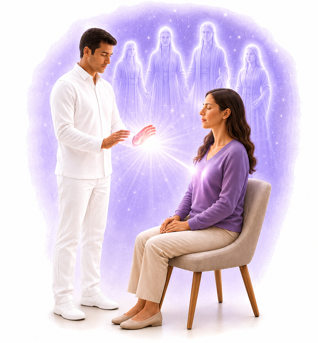 Apômetra conduzindo um atendimento de Apometria, com presenças espirituais de luz ao fundo