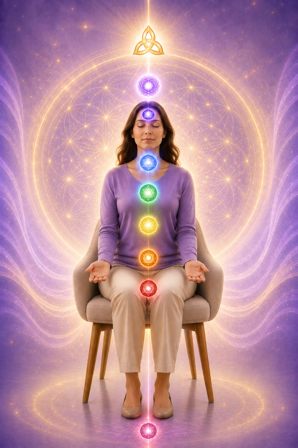 Mulher meditando com os centros de energia (chakras) alinhados durante um trabalho espiritual